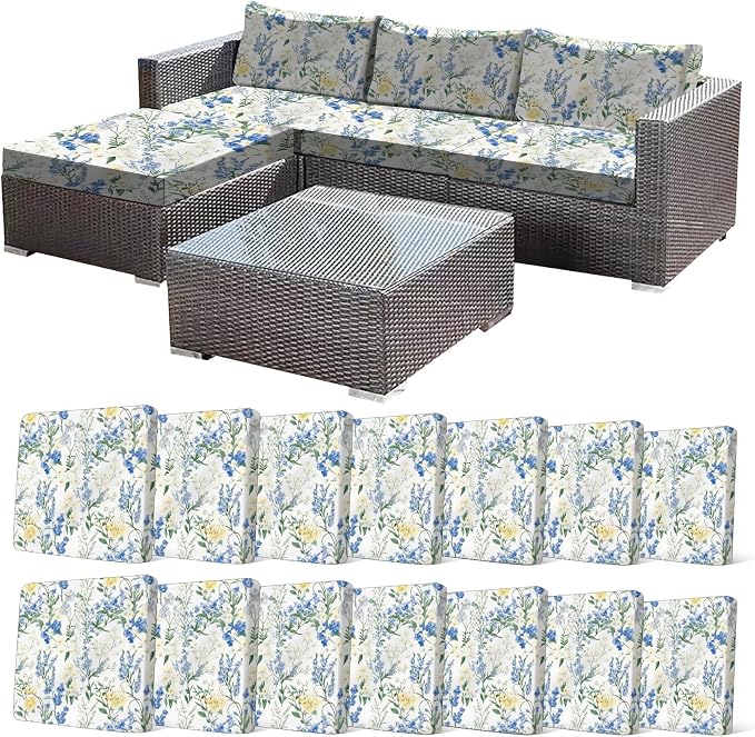 CALBODE 14 Pcs Stretch Outdoor Seat Cushion Covers, Washable Chair Seat Cover for Patio Furniture Cushions Soft Indoor and Outdoor Couch Cover Replacement (Bluebell, Cover Only)