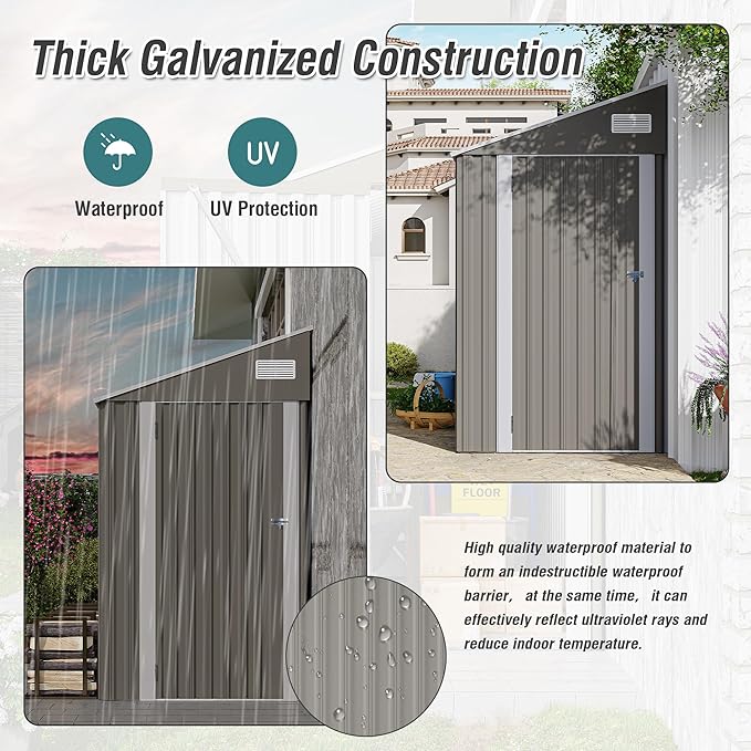 YOPTO 4x8 FT Outdoor Metal Storage Shed,Waterproof Lean to Tool Sheds,Heavy-Duty Unit with Single Hinge Side Door and Ventilation Windows,Weather Resistant,for Backyard,Patio,Lawn,Dark Gray
