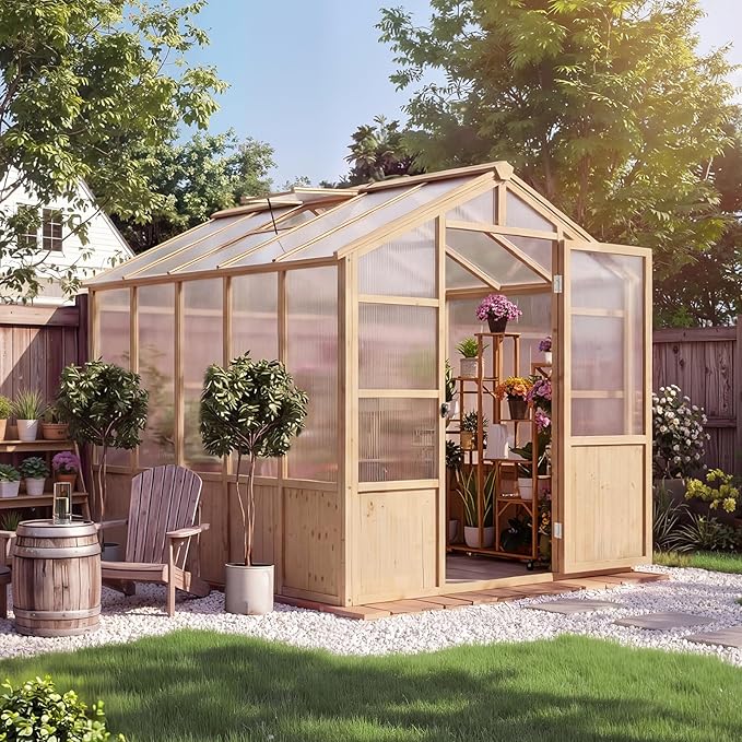 GarveeLife 6'x10' Wooden Greenhouse for Outdoor, Large Walk-in Greenhouse Kit with Ventilated Window, Door & Polycarbonate Panels, Heavy Duty Wood Frame Green House for Patio Garden Backyard
