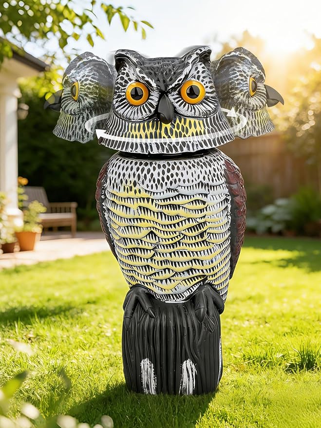 Garden Fake Owl Sculpture with 360° Rotating Head, Waterproof Moving Garden Owl, Outdoor Statue for Yard Patio Balcony Roof Barn Driveway