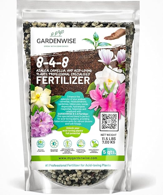 GARDENWISE 8-4-8 Acidic Fertilizer for Azaleas, Camellias (Camelia), Hydrangeas, Blueberries, Gardenias, Magnolia Trees, Evergreens, and Rhododendrons - Ideal Iron-Rich Plant Food (5 QUARTS)