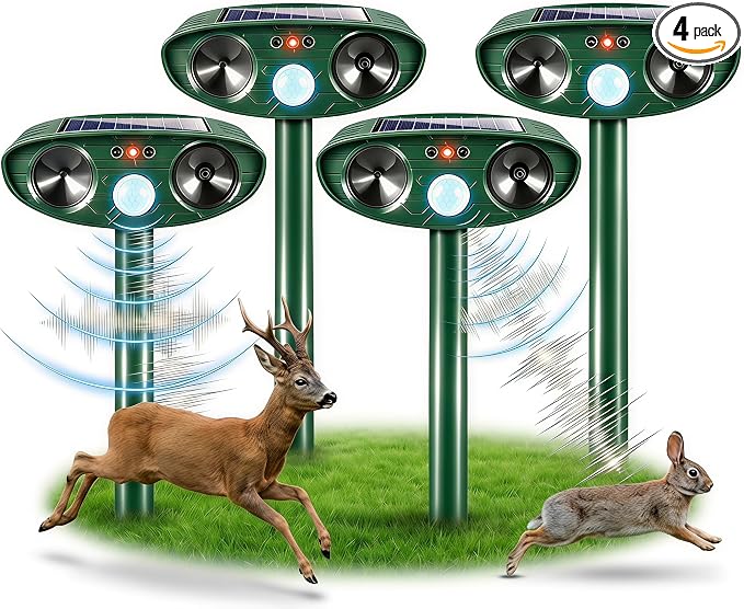 2026 Ultrasonic Deer Repellent Devices Solar Animal Repellent Outdoor with Motion Sensor to Keep Cat Rabbit Raccoon Out of Yard Garden Farm Squirrel Fortress Pro Deer Deterrent for Plant,4Pack