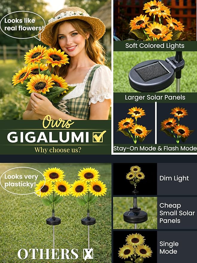 GIGALUMI Solar Garden Lights Artificial Sunflowers, LED Garden Decor Carefree Sunflower Solar Lights Outdoor Yard Decorations Outdoor, Everlasting Sunflower Decor Gift for Yard Patio (Set of 4)