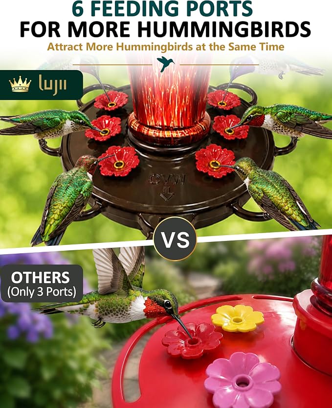 LUJII Smart Hummingbird Feeder with Camera, Hand Blown Glass for Outdoor Hanging, Solar WiFi Feeder with Live View App, 6 Feeding Ports, Leak-Resistant Design, Ant Moat & Gift Box, 36 fl oz, Red