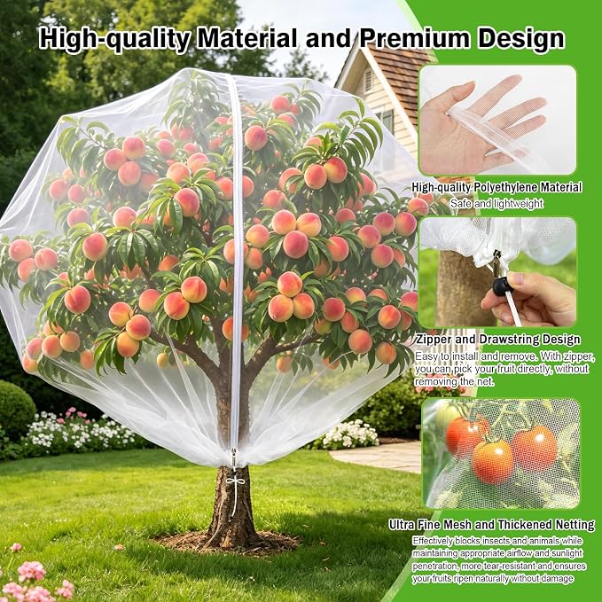 4PCS 10Ft × 10Ft Fruit Tree Netting with Zipper and Drawstring, 60 Mesh Thickened Garden Bird Netting for Blueberry Bushes, Fruits, Vegetables, Insect Bird Barrier Mesh Protective Cover