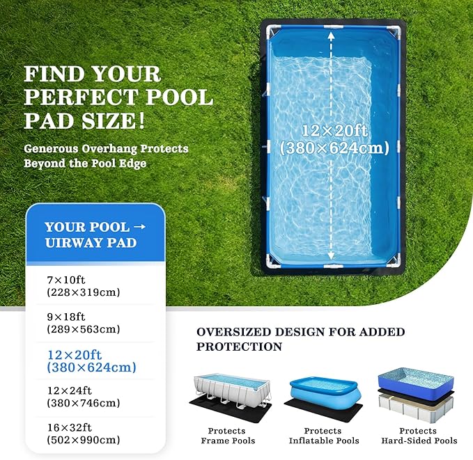 UIRWAY 12 x 20ft Rectangle Heavy Duty Pool Liner Pad for Above Ground Pool, [2026 New Pool Pad 300G/M² Thicker] Swimming Pool Ground Cloths,Double Density Pools Bottom Liner Protector,Prevent Puncture