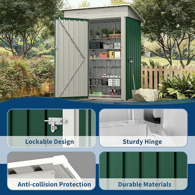 5X3 ft Outdoor Storage Shed with Sloping Roof and Lockable Door - Metal Tool Shed, Single Door Shed, Small Size Tool Shed, Iron Tool Shed, Compact Tool Storage