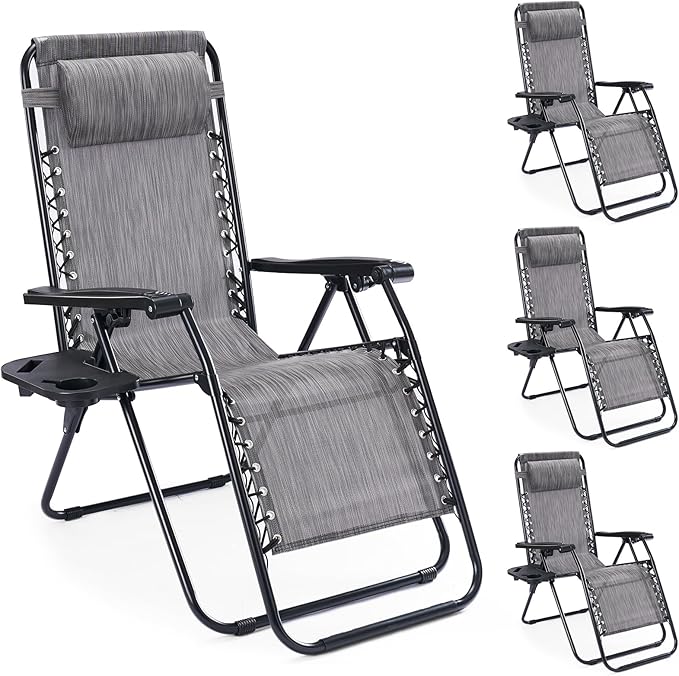 NEWBULIG Zero Gravity Chair Set of 4, Lounge Chair Folding Portable Adjustable Camping Reclining Chairs with Adjustable Pollow, Mesh Back, Cup Holder Trays Lawn Patio Chair for Pool Beach - Ash