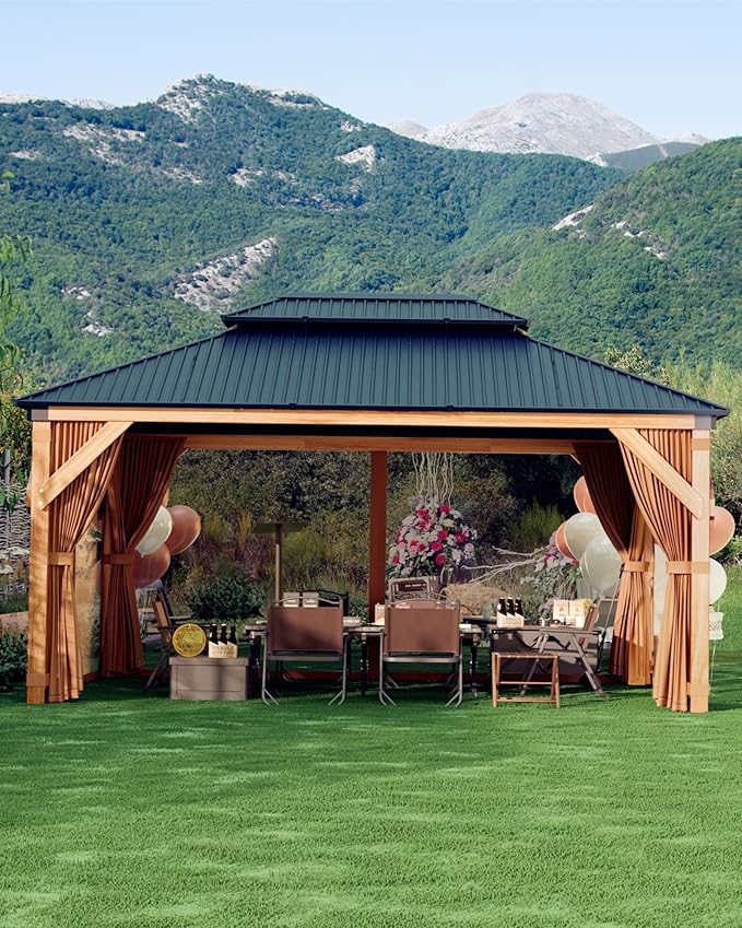 10x12 ft Hardtop Wood Gazebo for All Weather, Double Metal Roof, Heavy Duty Cedar Frame, Curtains & Netting, Permanent Outdoor Pavilion for Patio, Deck, Backyard, Lawn, Garden, Khaki