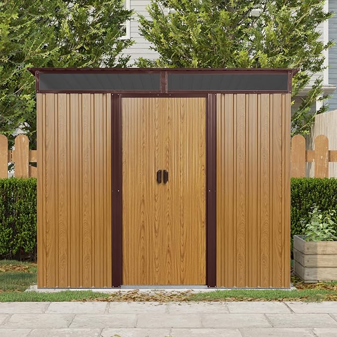 Ball & Cast 8x6 FT Outdoor Metal Storage Shed,Waterproof Garden Organizer Tool House with Window and Foundation,Shelter Cabinet w/ 2 Transparent Panels Vents & Lockable Sliding Door,for Patio,Coffee