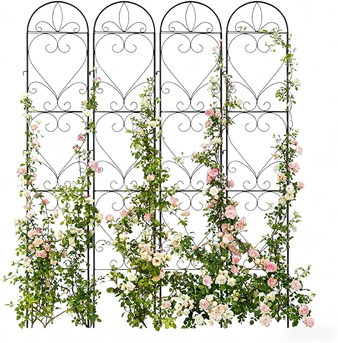 4PCS Metal Garden Trellis for Climbing Plants Outdoor, Heavy-Duty Cucumber Tomato Trellis for Raised Garden Bed, Decorative Wrought Iron Trellis Arch for Wedding Party Decor