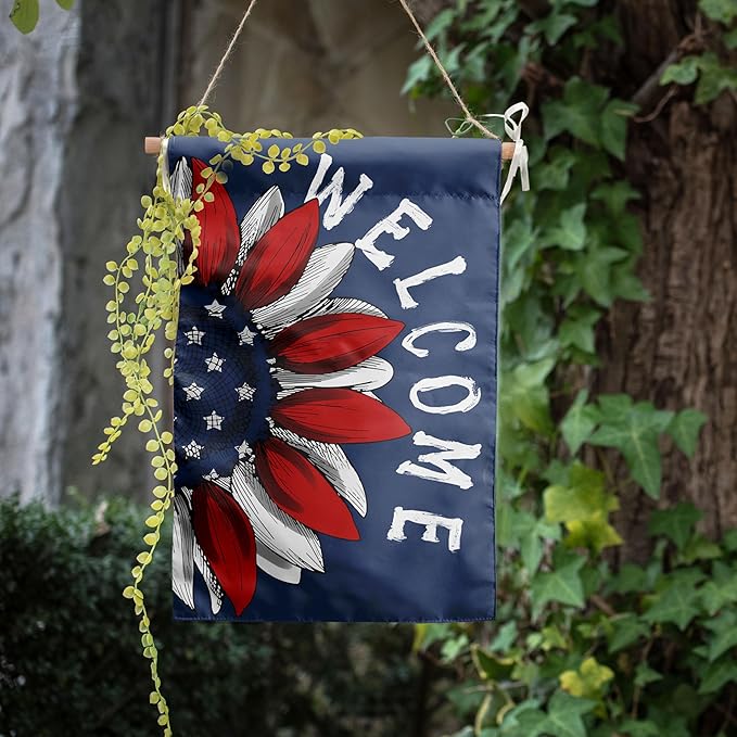 4th of July Sunflower House Flag Red White Blue Floral Garden Flags 28x40 Double Sided Large Memorial Independence Day Banner for Outside Outdoor Patriotic Decor