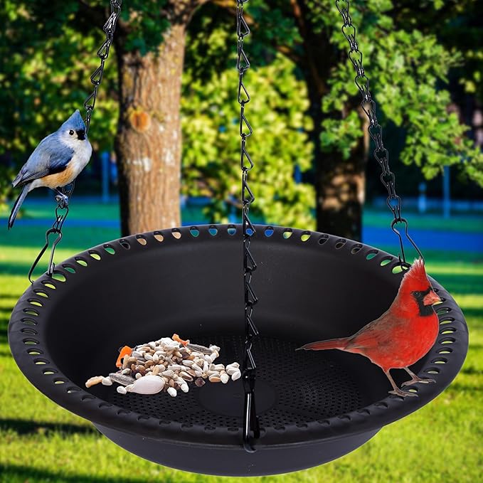 Hanging Bird Feeder Tray with Drainage Holes Fit Most Seed for Outside, Feeding Station (12 inch, Black)