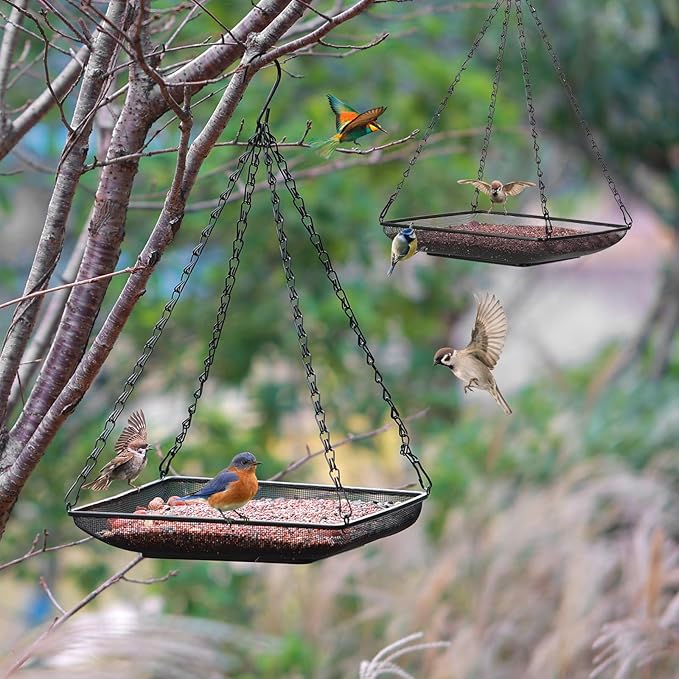 MIXXIDEA Hanging Bird Feeder Tray 11x11 Inches, Metal Mesh Platform Seed Feeder with Durable Chains for Outdoors Outside Great for Attracting Wild Birds, 1 Pack