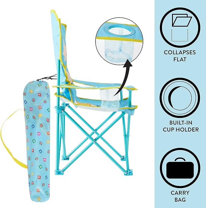 Cocomelon Kids Folding Camp Chair with Carry Bag,Indoor/Outdoor Portable Chair, Lightweight & Compact, Great for Travel, Camping, Beach, Ages 3+