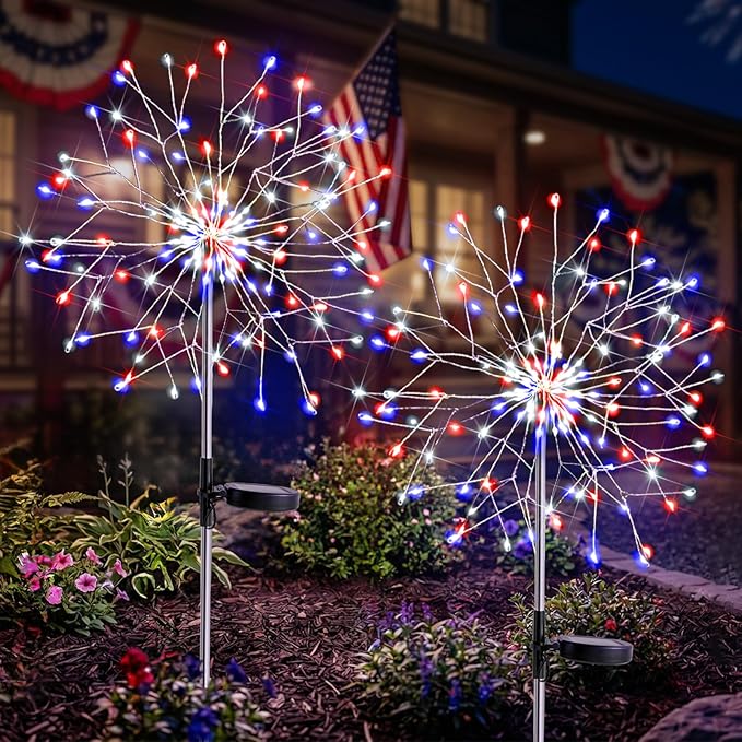 suddus 4th of July Decorations Solar Garden Lights, Upgrade 2Pack 150LED Red White Blue Solar Firework Lights with 8 Modes Outdoor, Starburst Fairy Lights Waterproof Yard for Independence Day Decor
