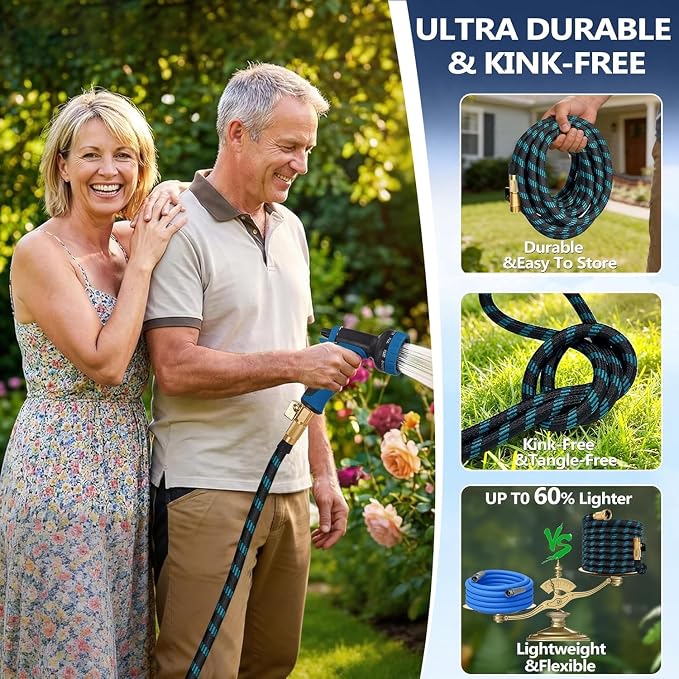 50 ft Flexible Garden Hose - 2026 Upgraded Heavy Duty Water Hoses with 3/4''Solid Fittings,Lightweight,No Kink & Tangle,Puncture Proof Garden Hoses pipe for Yard, Outdoors, Rv