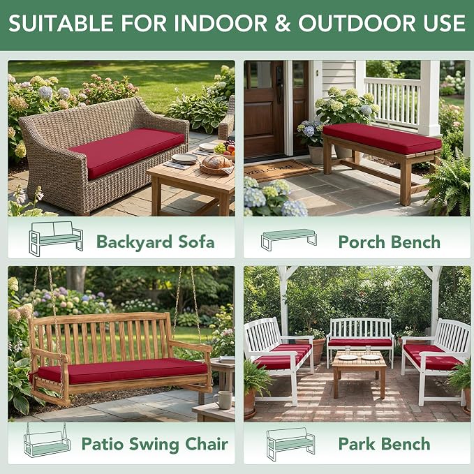 Summsun Outdoor Bench Cushion: Waterproof and Fade Resistant Patio Furniture Cushions - Non-Slip Bench Pad Cushion with Removable Cover for Garden Swing Porch Sofa Settee, 45 x 18 Inch, Red