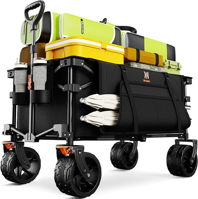 Navatiee Big Wheels Collapsible Wagon Cart Foldable, Heavy Duty Beach Wagon with Silent All-Terrain Wheels, Folding Utility Grocery Cart with Side Pocket and Brakes for Camping Garden Sports, Black