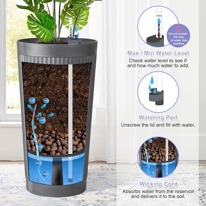 24in Tall Self-Watering Planters Set of 2, Gray | Water level indicator, Self-watering irrigation system, Non-toxic PP plastic, Weather Resistant, Indoor Outdoor Use