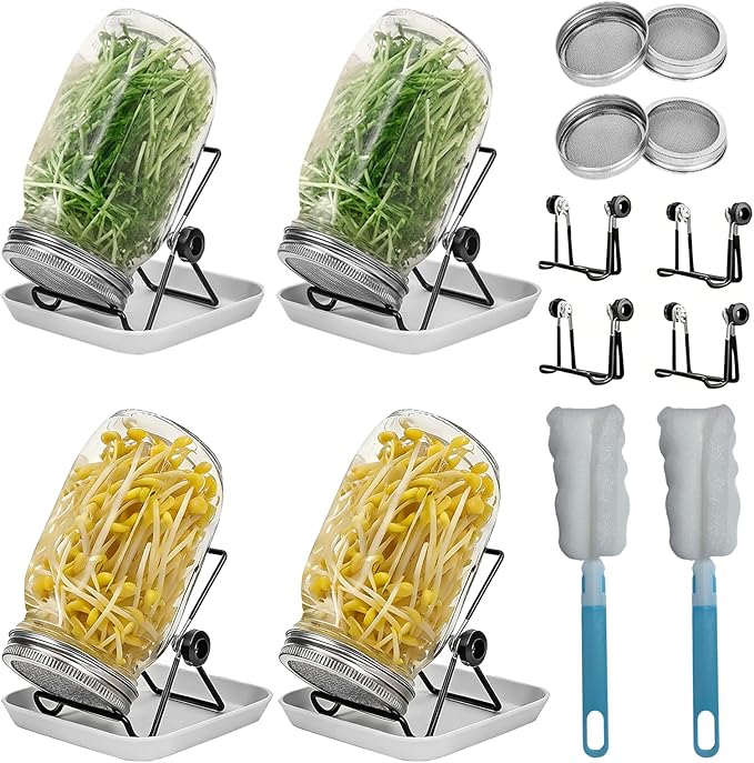 Seed Sprouting Kit, 4 Large 1000ML Wide Mouth Mason Jars with Sprout Lids, Drain Tray, Stainless Steel Stand, Cleaning Brush Sprouts Growing Kit for Sprouts, Bean, Broccoli