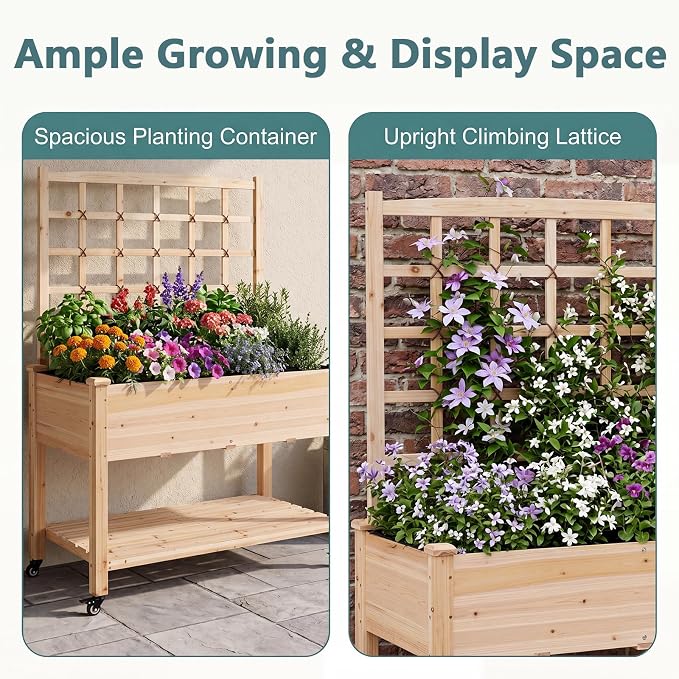 HAPPYGRILL Wooden Raised Garden Bed with Trellis, 65'' Elevated Planter Box w/Legs on Wheels, Liner & Drainage Holes for Climbing Plant Vegetable Flower, Outdoor Garden Box for Backyard Balcony (2)