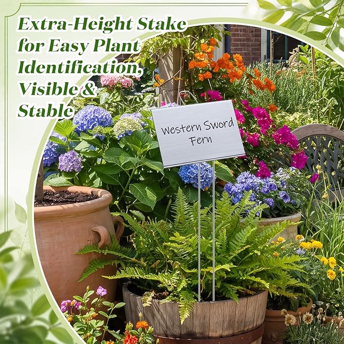 Landhoow 30 Pcs Large Garden Plant Markers Metal Plant Labels Sign 4'' x 6'' with 21'' Stake Weatherproof Waterproof Garden Sign for Outdoor Tree Seedlings Herbs Vegetable Greenhouse, Silver