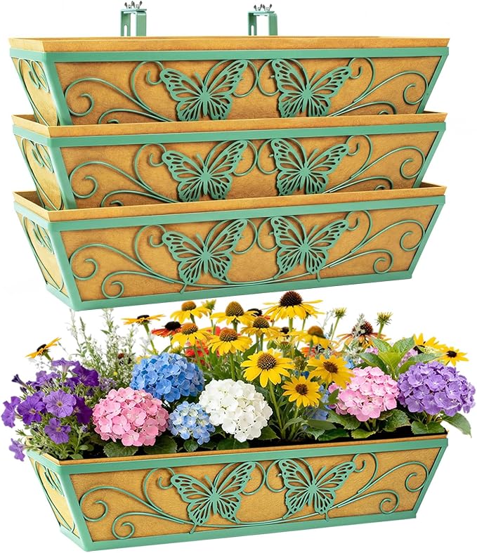 4 Pack 24 Inch Railing Planter Boxes Window Box Planters with Liner | Adjustable Bracket, Heavy Duty Hanging Basket, Metal Butterfly Decor, Retain Moisture Liner, Vibrant Spring Green