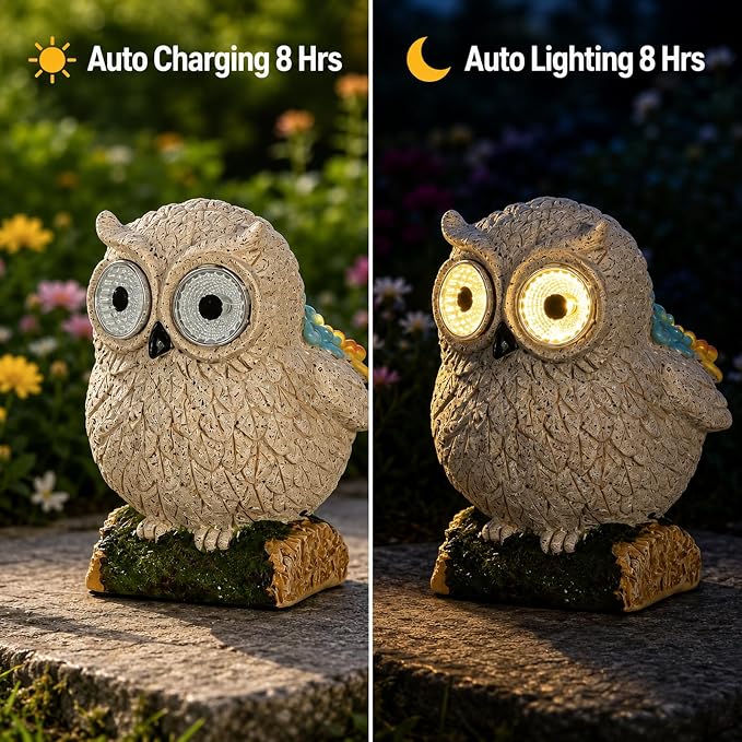 mocosa Solar Garden Statues Owl and LED Lights Birthday Gifts for Women Mom Grandma Solar Outdoor Cat Decor for Outside,Outdoor Solar Lights for Yard, Garden and Patio, Unique Gift for Women