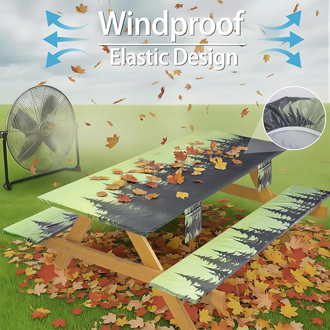 Fitted Waterproof Picnic Table Cover with Bench Covers Elastic 72×30In 3 Piece Camping Table Cloth for 6Ft Rectangle Tables Outdoor Camper Gifts Supplies Patio Rv Traveling Hiking Must Haves