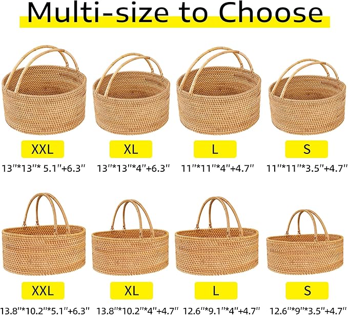 Handwoven Rattan Storage Basket with Handles, Natural Wicker Decorative Basket for Kitchen Counter, Pantry Organization, Floral Arrangement, Gift Packaging & Home Decor