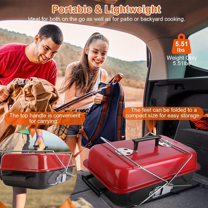 Portable Charcoal Grill for Outdoor Cooking - Small Tabletop BBQ Smoker Grill with Lid, Folding Design for Camping, Picnics, Beach, Backyard & Tailgating