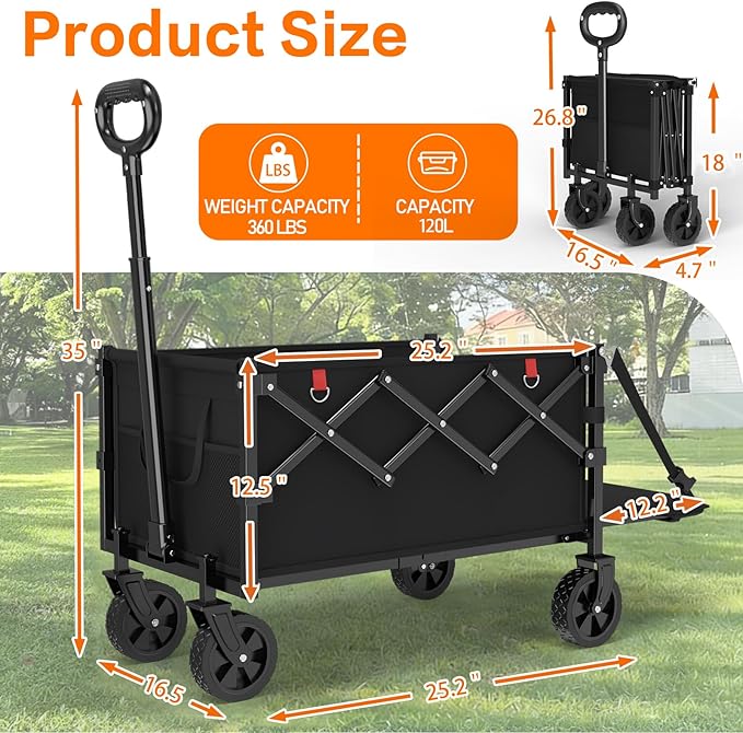 360LBS Collapsible Wagons Carts Foldable, 120L Heavy Duty Folding Beach Wagon Cart with Wheels and Tailgate, Portable Utility Outdoor Wagon for Grocery, Shopping, Garden, Sports, Camping
