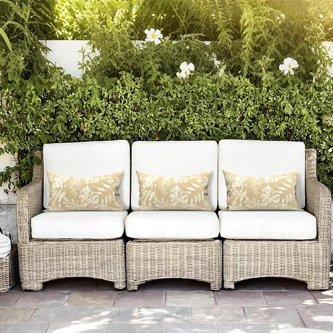 LVTXIII Set of 2 Patio Lumbar Pillows, 12" x 20" Fade Resistant Outdoor Lumbar Pillow with Inners, Fluffy Decorative Garden Lumbar Cushions for Home Patio Coach Sofa Use, Tropical Leaf Oat
