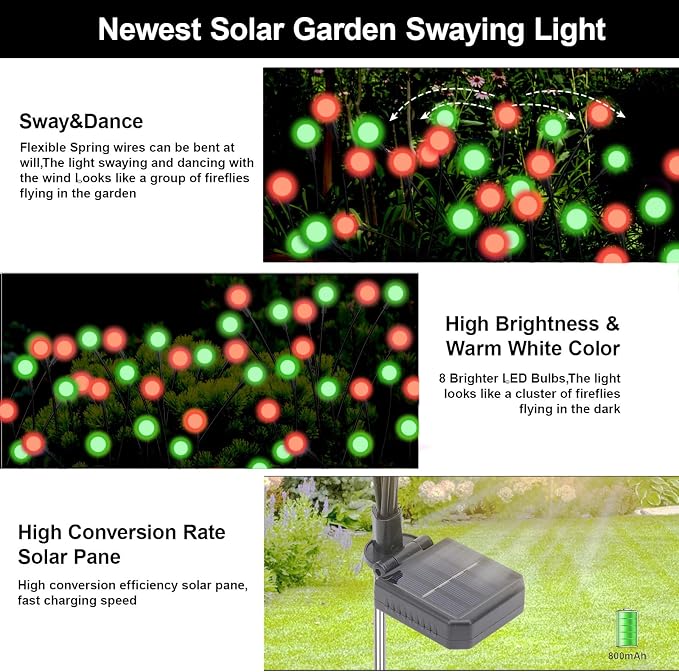 Solar Firefly Lights Red and Green, 4 Pack 800mAh Swaying Firefly Garden Lights Solar Powered Outdoor Waterproof for Yard Patio Lawn Pathway Walkway Stake Christmas Decor (Red & Green 4Pack)