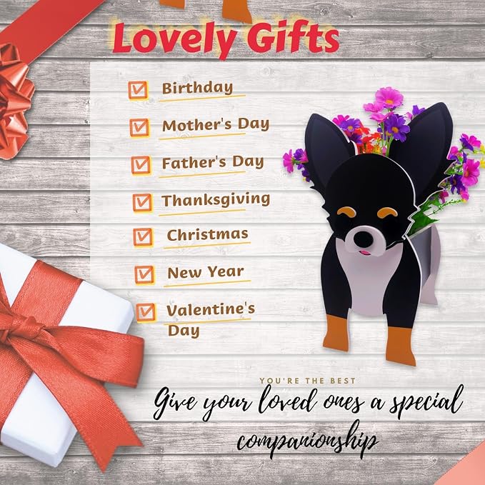 Black and White Chihuahua Dog Planter Plant Pots,Cute Dog Flower Planter,Gifts for Pet Lovers,Unique Animal Plant Pots,Office,Indoor Outdoor Garden Decor(9.45 * 5.91 * 13.46in)