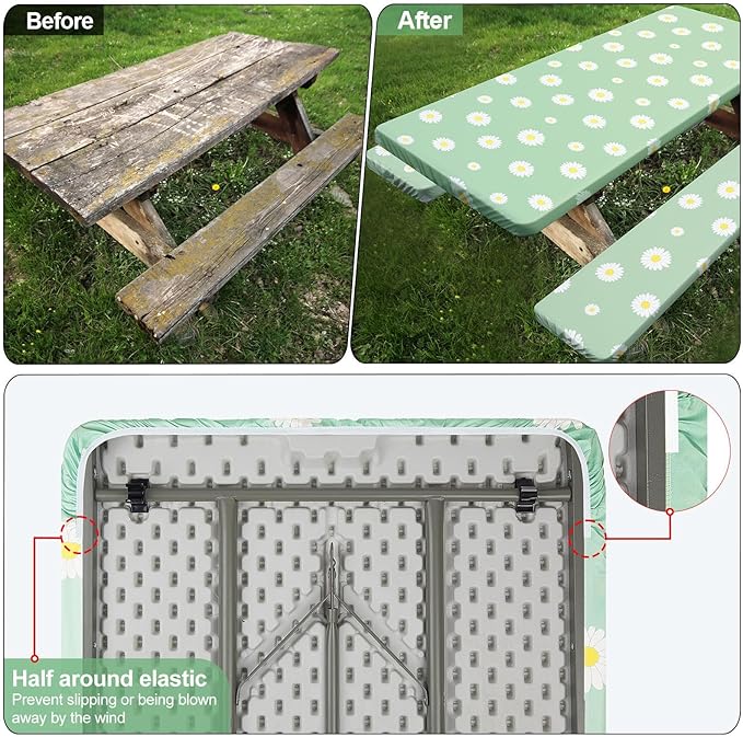 Play Tailor Picnic Table Cover with Bench Covers Camping Essentials Waterproof Windproof Camping Tablecloth with Drawstring Bag, Fitted Rectangle Tables and Seats, 72in, Green White