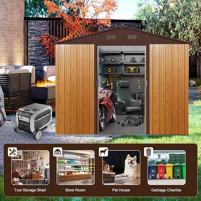 8FT x 6FT Outdoor Metal Storage Shed, Galvanized Steel Garden Shed with Lockable Sliding Door, Ventilated Tool Storage House with Foundation Kit, UV Resistant Backyard Shed forPatio Storage, Coffee