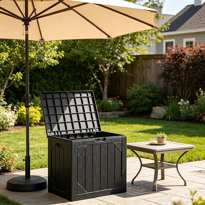 30 Gallon Outdoor Deck Box 4 Pack, Waterproof Resin Patio Storage Boxes with Lockable Lid, Small Outdoor Storage for Cushions, Accessories, Garden Tools, Indoor Outdoor Organizer, Black