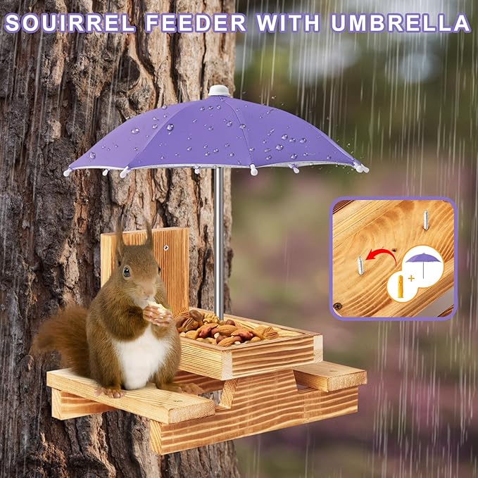 Gnodary Squirrel Feeder with Umbrella, Squirrel Feeders for Outside, Squirrel Picnic Table Feeder - Chipmunk Feeder Hold Corn, Corn Cob, Peanuts Style2 (Purple)