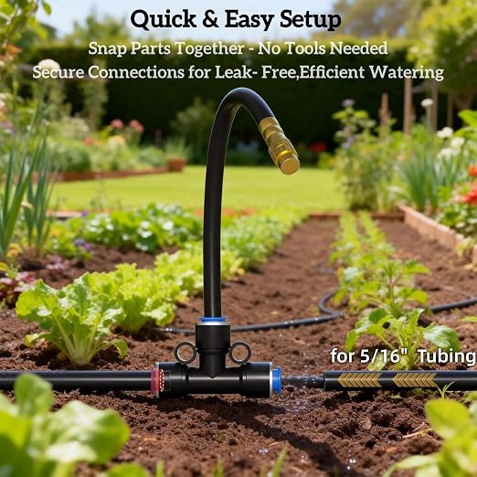 10 Pack 360° Adjustable Drip Irrigation Nozzles with Tee Connectors, Quick Connect Spray Emitters Compatible with 5/16" (8mm) Irrigation Systems for Garden, Lawn, Greenhouse & Raised