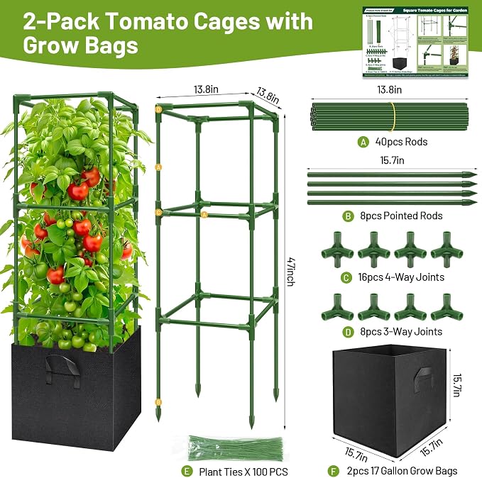 Legigo 2 Pack Tomato Cages with 17 Gallon Grow Bags- 47 Inch Square Tomato Cages for Garden, Heavy-Duty Tomato Stakes Plant Support Cages Trellis for Garden Vertical Climbing Plants Vegetables