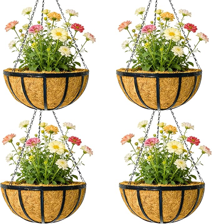 12 Inch Metal Hanging Planter Basket with Coconut Fiber Liner Hanging Plant Flower Pot for Home Garden Patio Decoration,Metal Flat Iron Pattern, 4 Pack