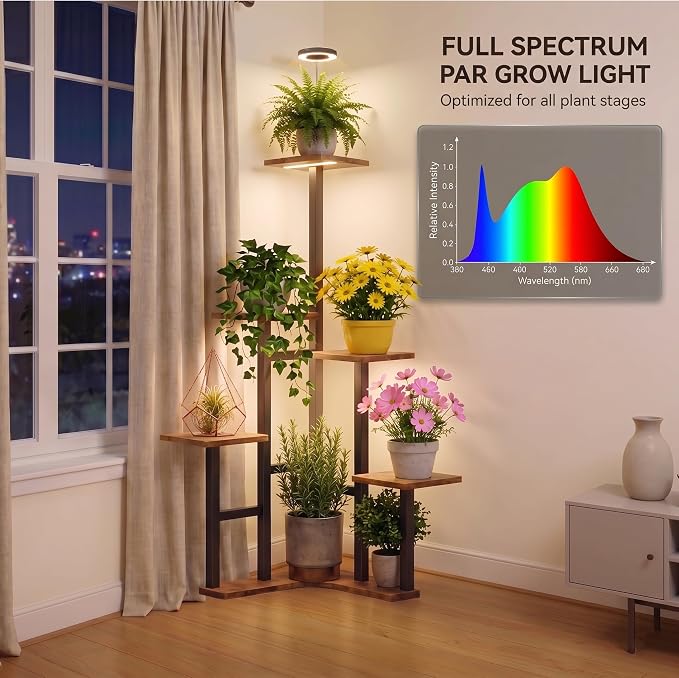 Plant Stand Indoor with Grow Lights, 6 Tiered Corner Plant Stands for Indoor Plants, Max Height: 43" Corner Shelf & Plant Shelf, Flower Display Holder, Corner Shelves for Living Room Gardening Warm Light Auto Timer 3H/9H/12H
