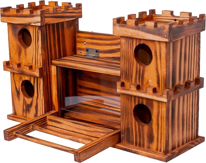 MIXUMON Castle-Style 4 Room Wooden Birdhouse with Large Center Feeder, Outdoor Multi-Room Bird House for Garden & Backyard, 1.57" Entrance Hole, Easy-Clean Access Doors, Twin Tower Decorative Design
