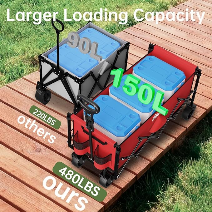 Extra Long Collapsible Wagon Cart, 480LBS Heavy Duty Utility Wagons with All-Terrain Wheels, Foldable Grocery Carts for Gardening, Shopping, Beach, Camping, Red