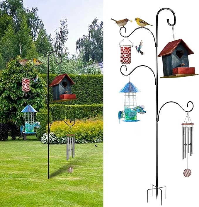 Bird Feeder Pole Heavy Duty 76" Adjustable Shepherd Hook, 5-Prong Ground Stake Rustproof Outdoor Garden Stand for Plants Hummingbird Feeder Lantern Wind Chime - No Digging