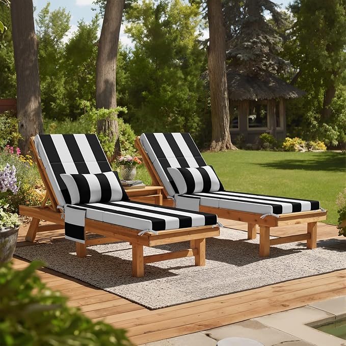 Crestlive Foldable Outdoor Chaise Lounge Cushions with Head Pillow and Side Pockets,Water Repellent & Fade Resistant Lounge Chair Cushion, 72''L x 21''W, Set of 2, Black Stripe