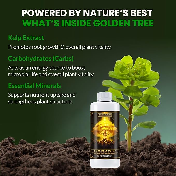 Humboldts Secret Golden Tree Liquid Plant Food | Enhances Growth Indoors or Outdoors | All-in-One Plant Nutrients for Vegetables, Trees, Flowers, Fruits, Roses, Lawns, Tomatoes | 8 Ounce