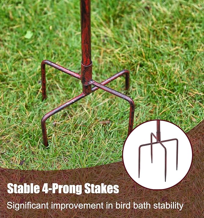 44" H Metal Bird Bath and Feeder for Outside, Standing Birdbaths with Cast Iron Bird, Vintage Birdfeeder for Outdoors with 4-Prong Stake Base for Garden Decor Yard Lawn, Red